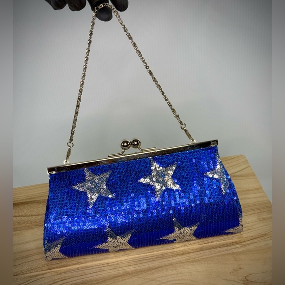 SOLD Blue and Silver Star Sequin Kiss-Lock Clutch - Picture 3 of 14